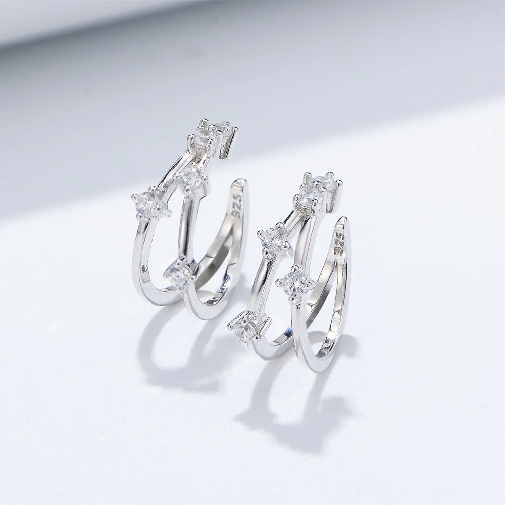 Double C-shape with Zircon Silver Earbone Clip Earrings for Women