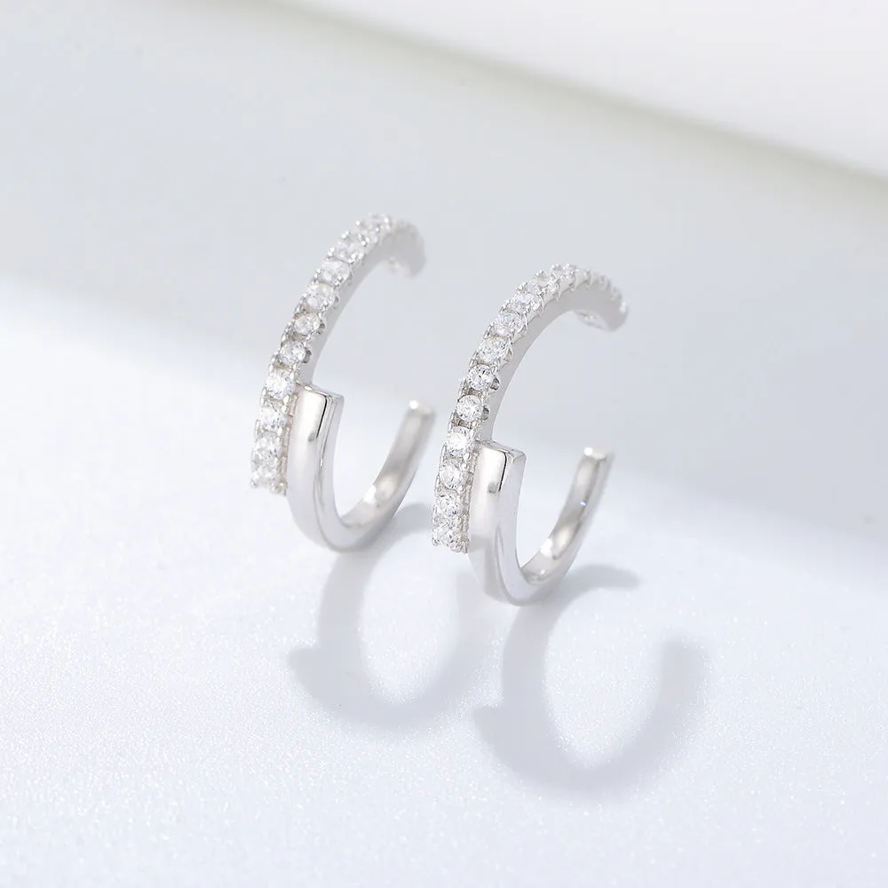 Double C with Zircon Silver Ear Bone Clip Earrings for Women