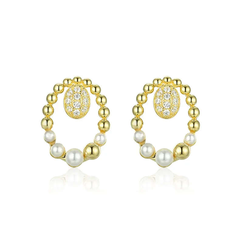 Double Oval with Zircon and Pearl Hollow Silver Studs Earrings for Women