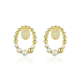 Double Oval with Zircon and Pearl Hollow Silver Studs Earrings for Women