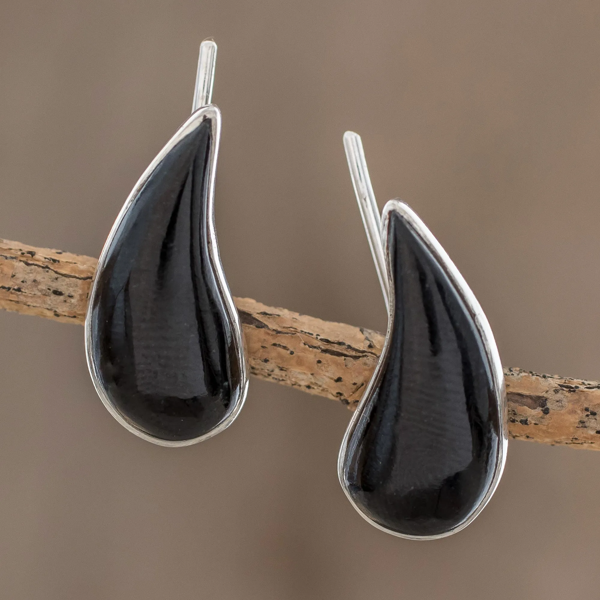 Drop-Shaped Black Jade Climber Earrings from Guatemala - Black Guatemalan Drops | NOVICA