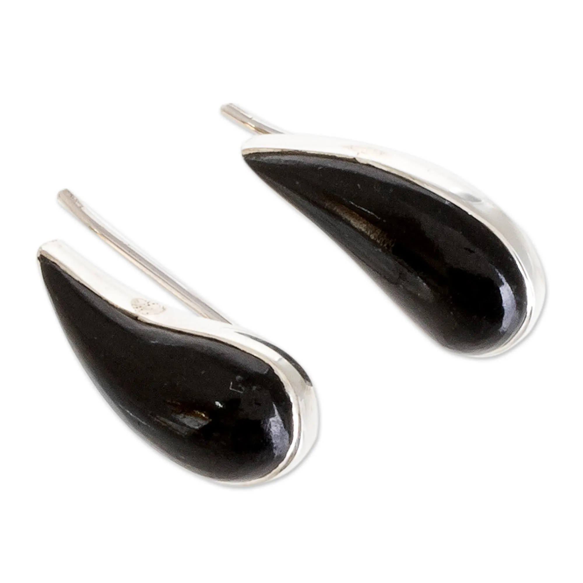 Drop-Shaped Black Jade Climber Earrings from Guatemala - Black Guatemalan Drops | NOVICA