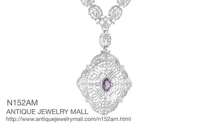 Edwardian Filigree Drop Pendant Necklace with Amethyst and Diamond in Sterling Silver