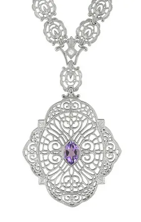 Edwardian Filigree Drop Pendant Necklace with Amethyst and Diamond in Sterling Silver