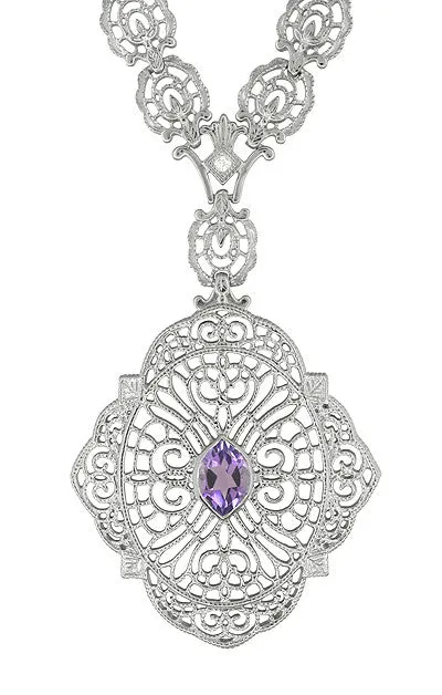 Edwardian Filigree Drop Pendant Necklace with Amethyst and Diamond in Sterling Silver