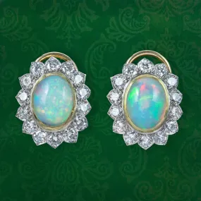 Edwardian Style Opal Diamond Cluster Clip Earrings 18ct Gold 2ct Opals