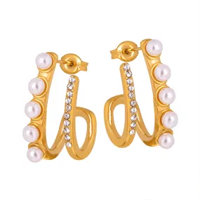 Elegant Dual-Layer Titanium Steel Earrings with Imitation Pearls and Zircon