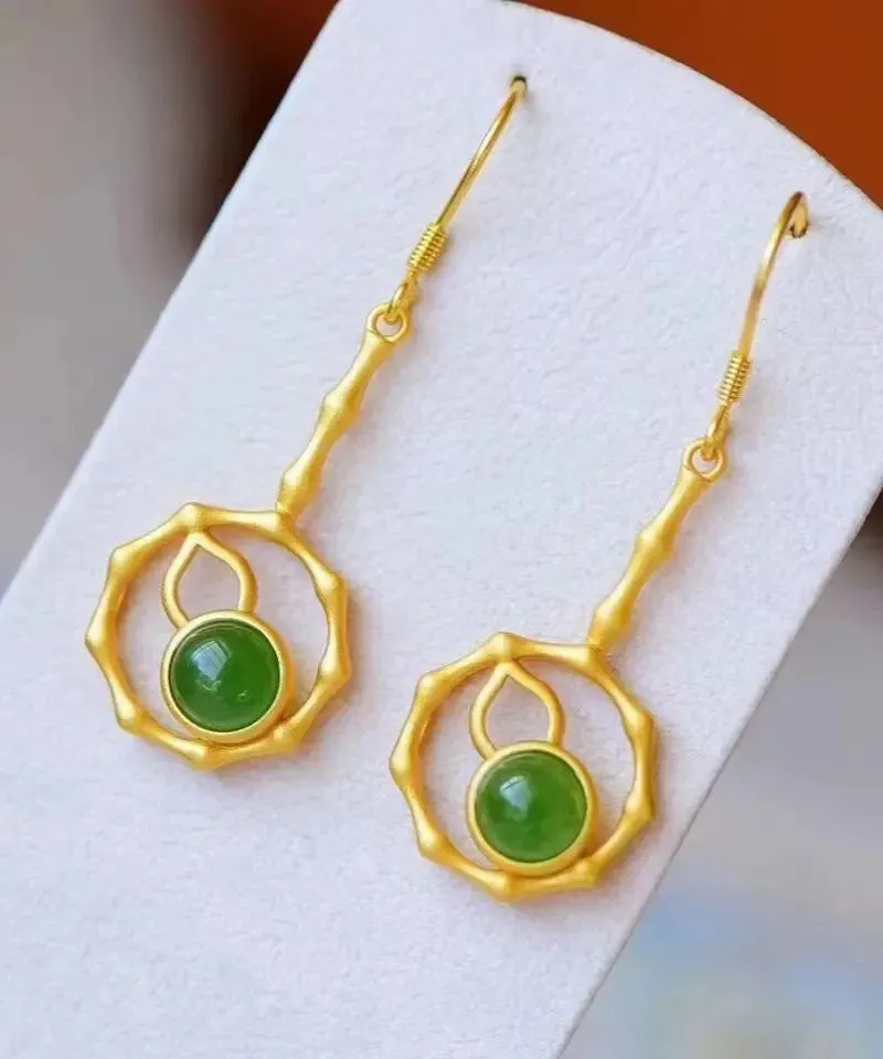 Elegant Green Sterling Silver Overgild Jade Gourd Drop Earrings LY8613