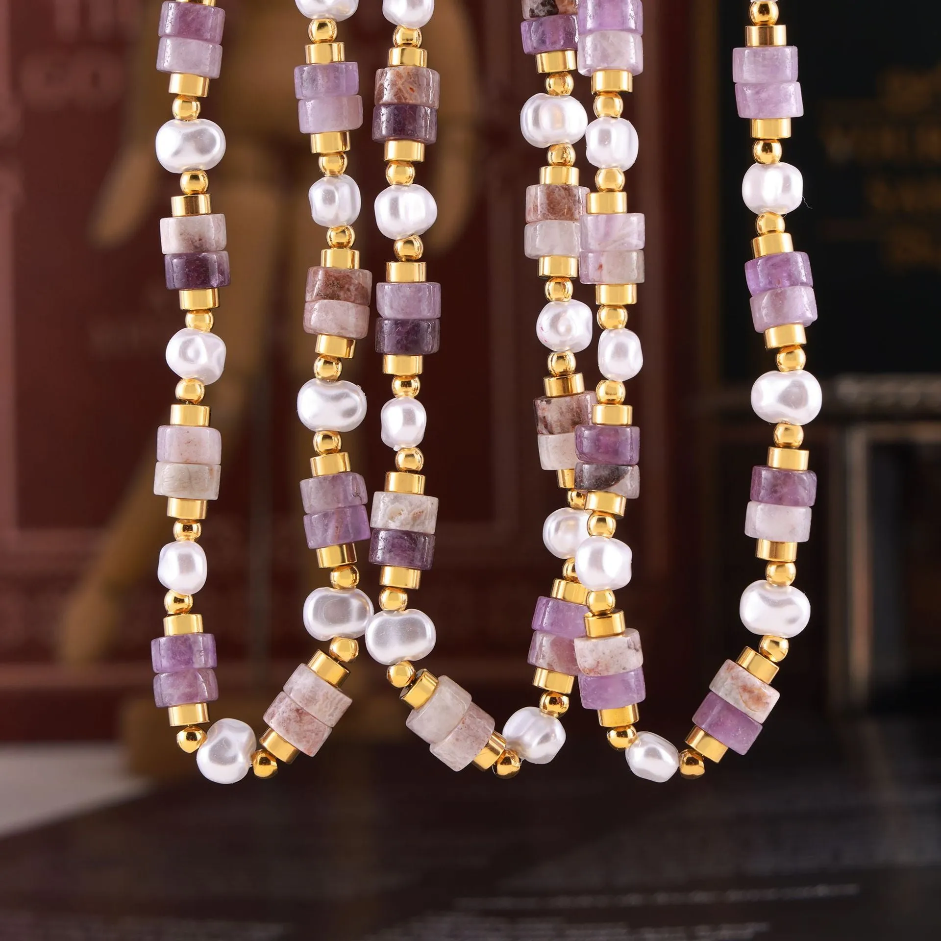 Elegant Handmade Amethyst Beaded Necklace in Titanium Steel Gold-Plating