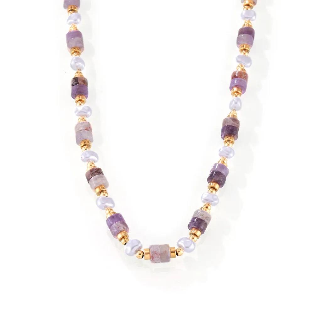 Elegant Handmade Amethyst Beaded Necklace in Titanium Steel Gold-Plating