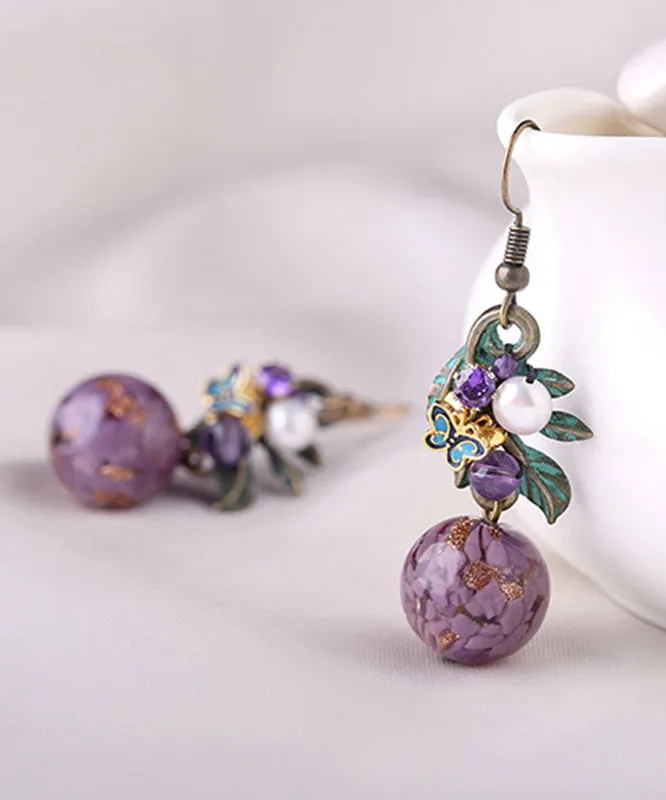 Elegant Purple Sterling Silver Zircon Jade Crystal Cloisonne Coloured Glaze Drop Earrings LY9171