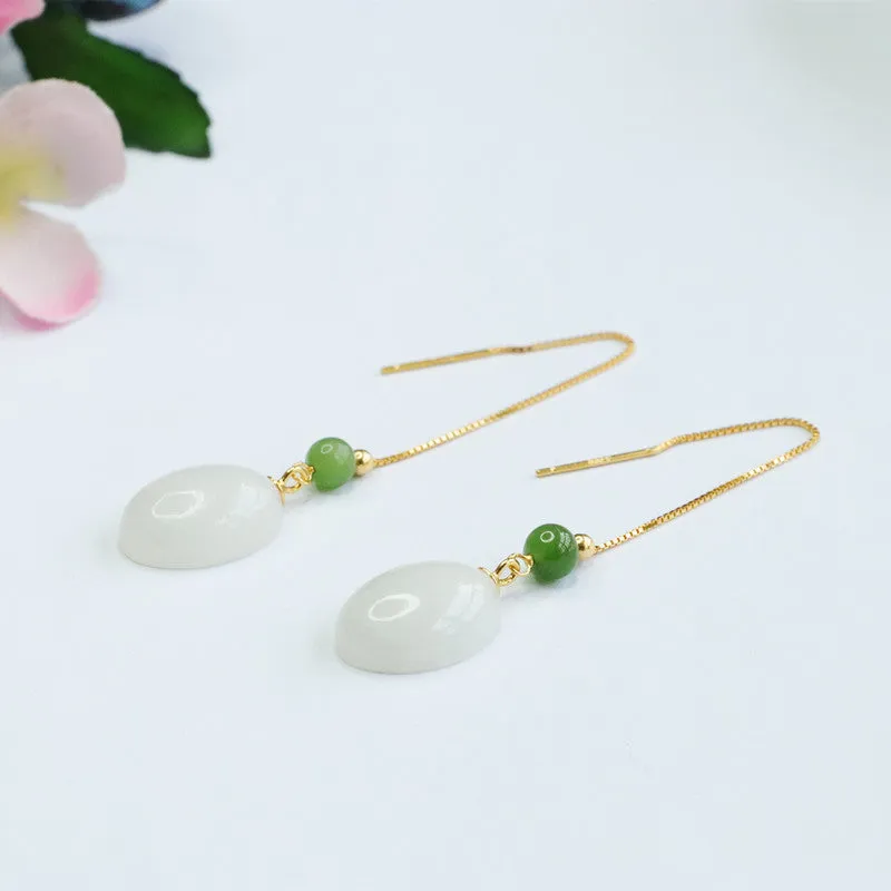 Elegant Sterling Silver Hetian White and Green Jade Earrings