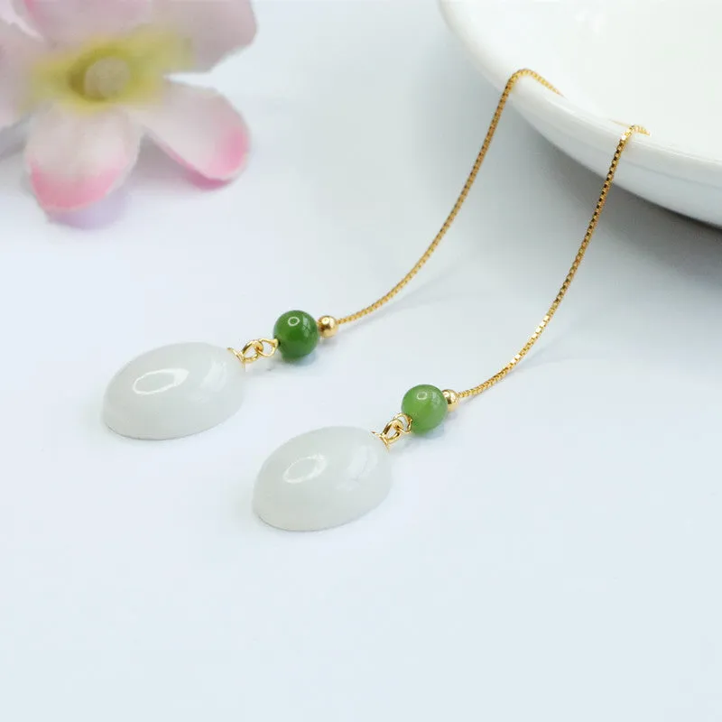 Elegant Sterling Silver Hetian White and Green Jade Earrings