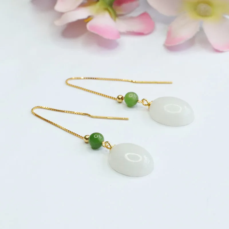 Elegant Sterling Silver Hetian White and Green Jade Earrings