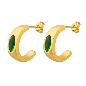 Emerald Zircon 18K Gold-Plated C-Shaped Earrings Set in Titanium Steel