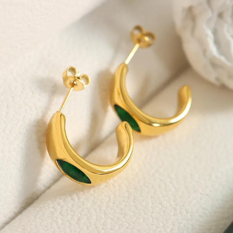 Emerald Zircon 18K Gold-Plated C-Shaped Earrings Set in Titanium Steel