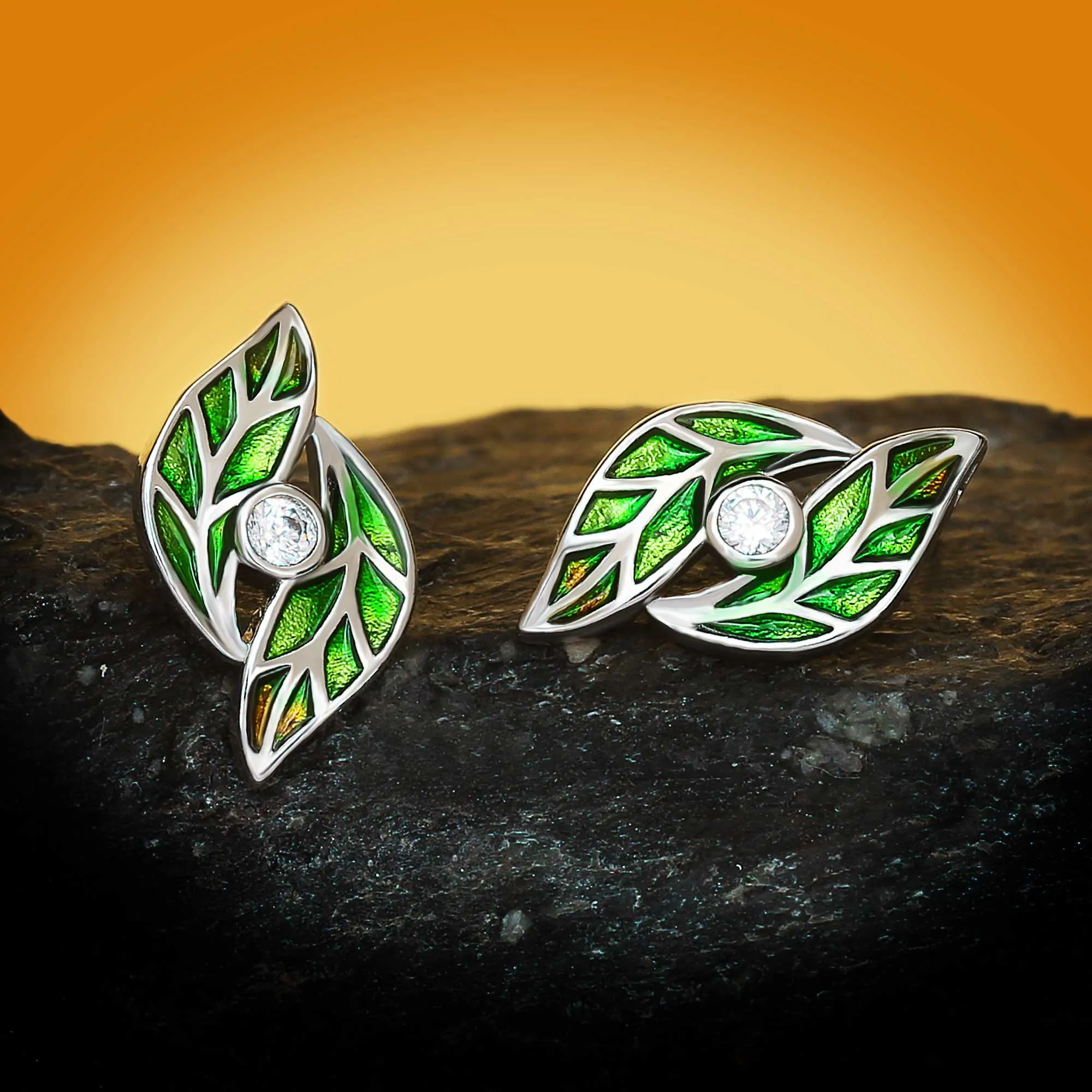 Enamel Green Leaves Drop Earrings for Women with Zircon in 925 Sterling Silver