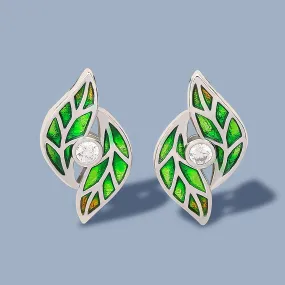 Enamel Green Leaves Drop Earrings for Women with Zircon in 925 Sterling Silver