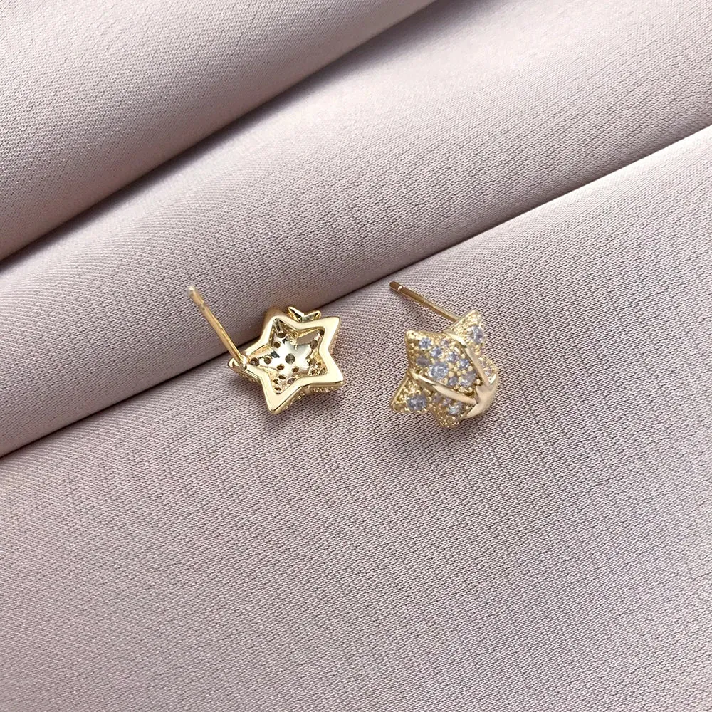 Exquisite Micro Zircon Setting Star Stud Earrings For Women Advanced Design Sweet Gold Color Metal Young Girl Party Jewelry N777