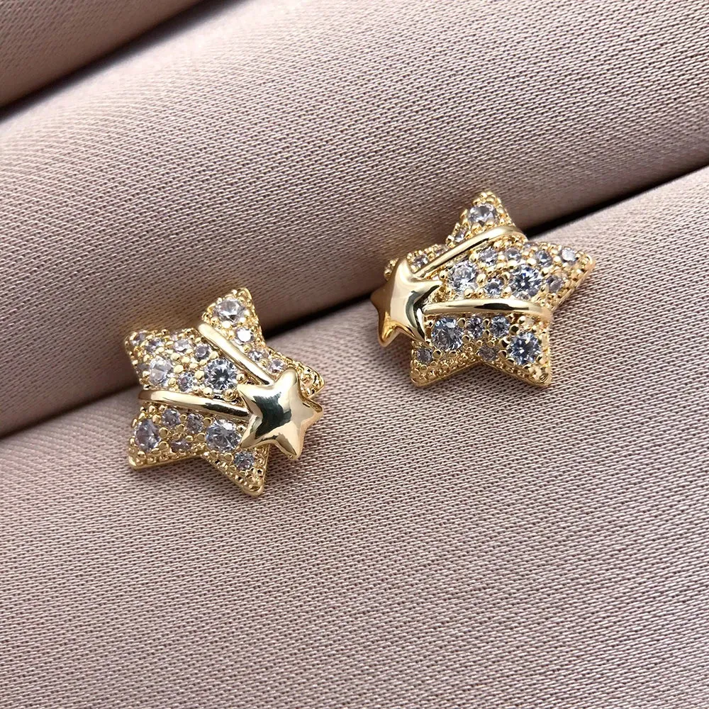 Exquisite Micro Zircon Setting Star Stud Earrings For Women Advanced Design Sweet Gold Color Metal Young Girl Party Jewelry N777