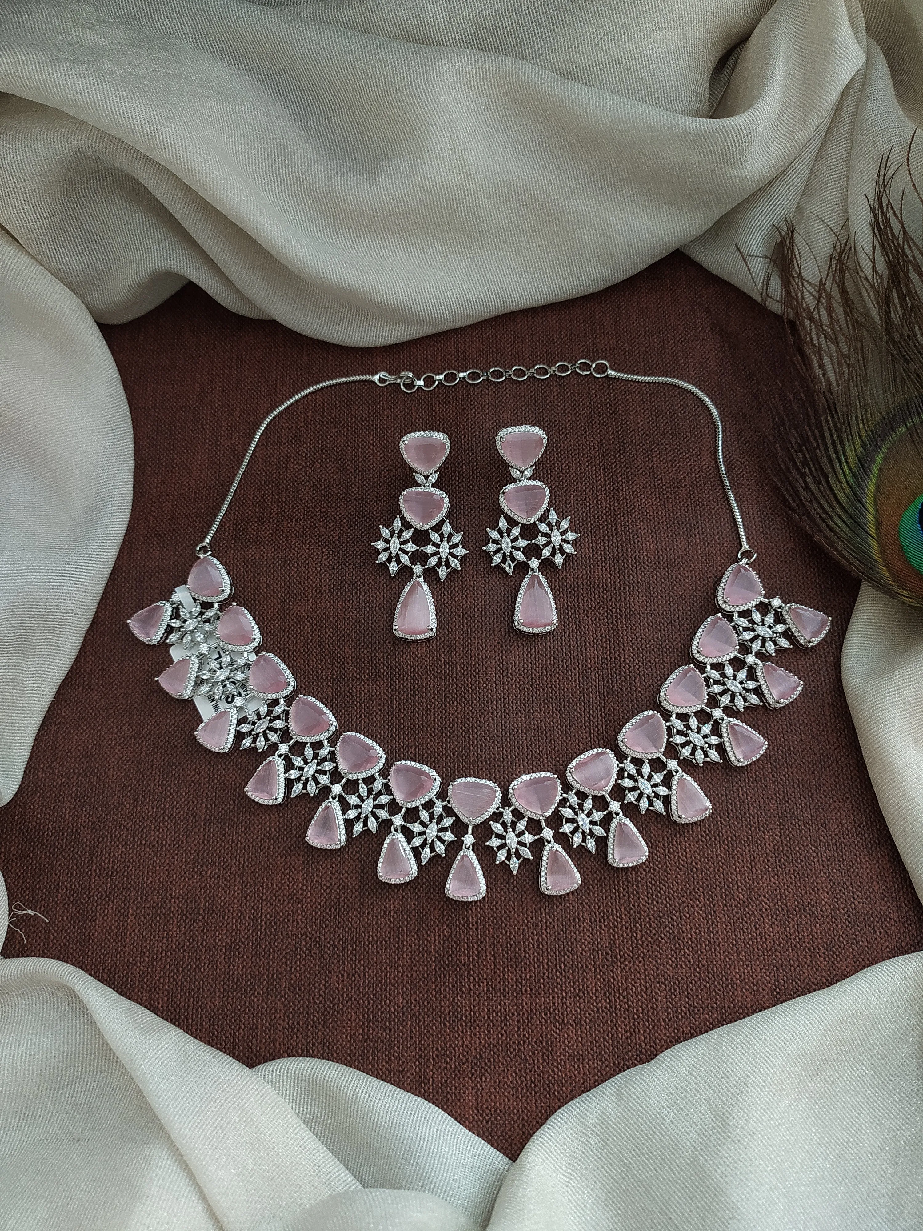 Exquisite Zircon Choker Necklace Set in Rhodium Finish - Available in Green, Baby Pink, Violet, and Blue