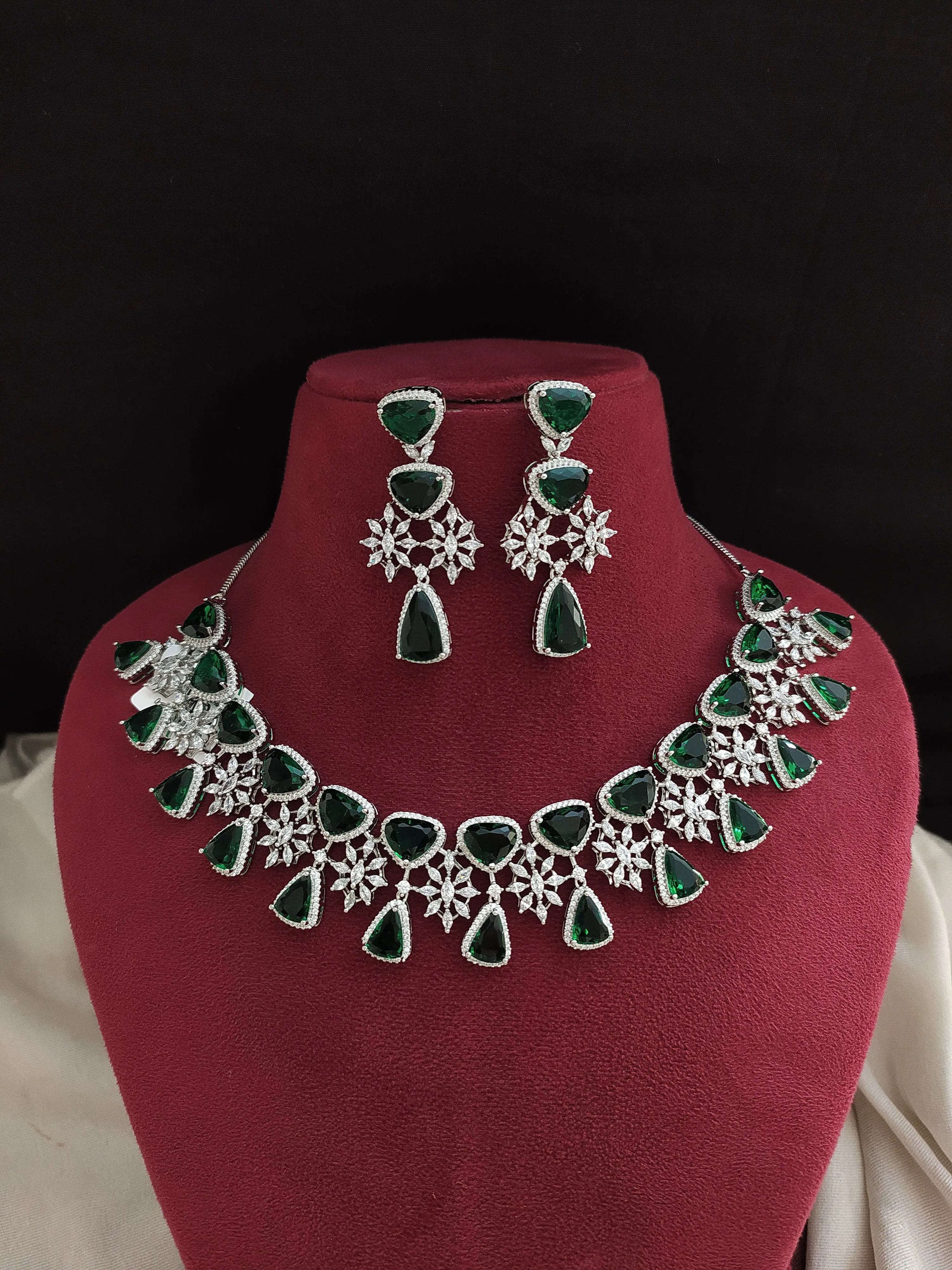 Exquisite Zircon Choker Necklace Set in Rhodium Finish - Available in Green, Baby Pink, Violet, and Blue