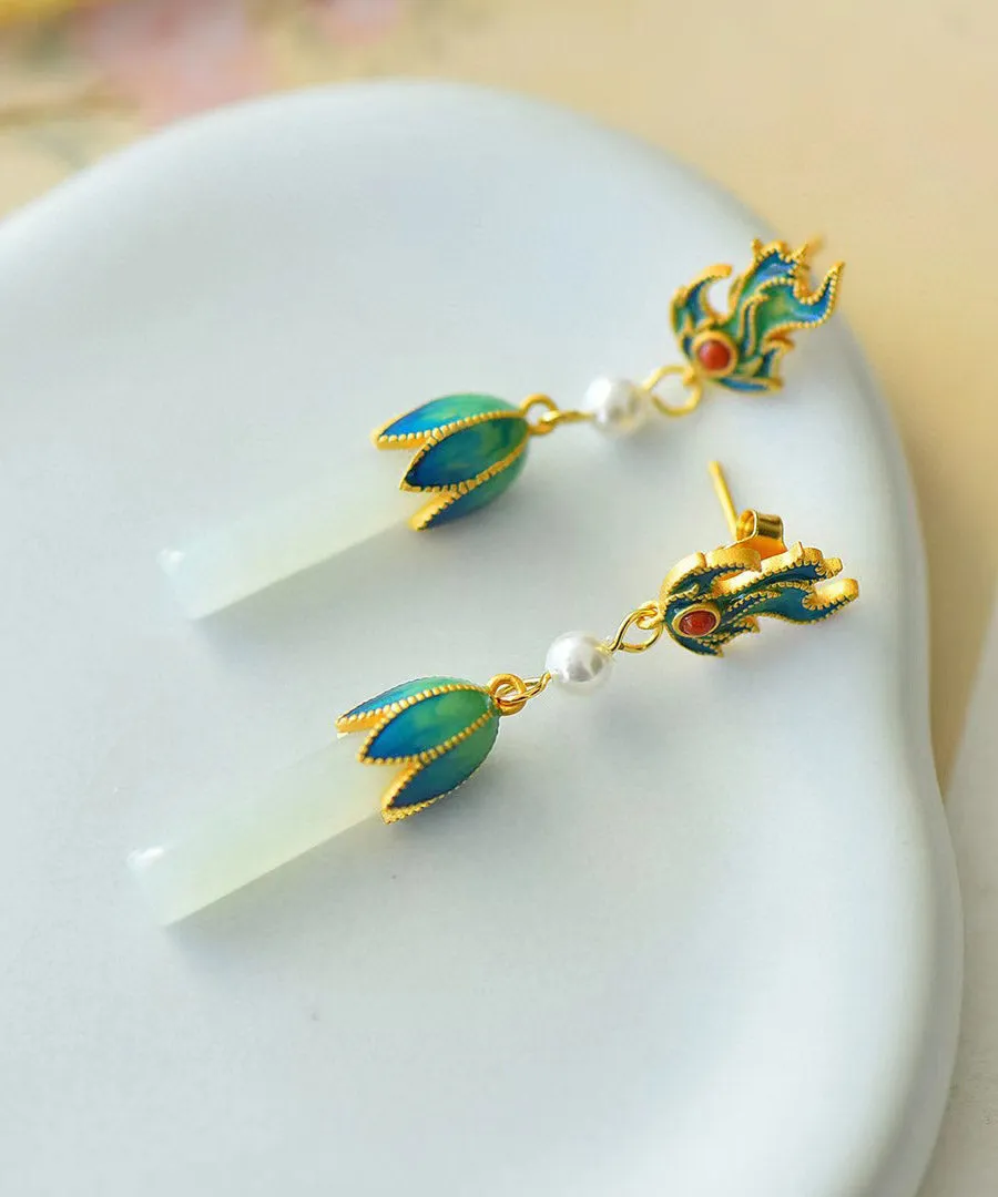 Fashion Blue Sterling Silver Jade Agate Enamel Drop Earrings LY2216