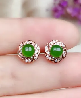 Fashion Green Silver Overgild Zircon Jade Stud Earrings LY8604