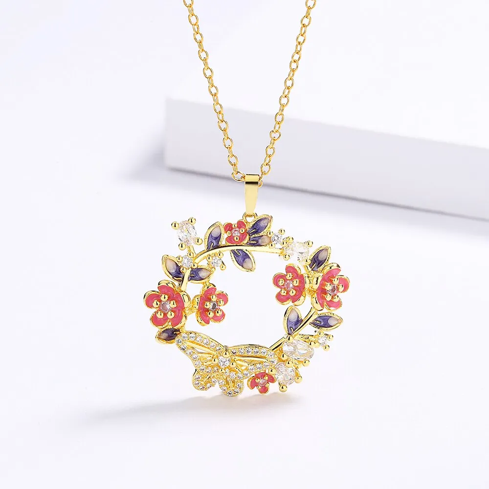 Fashion Jewelry Petite flowers Enamel Pendant Necklaces for Women with Zircon