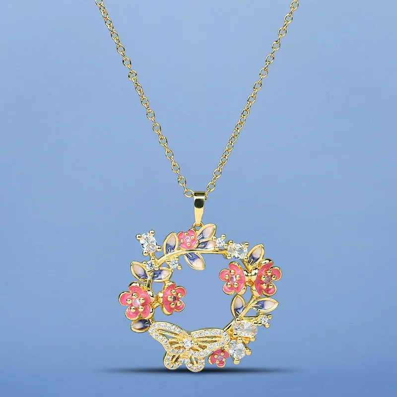 Fashion Jewelry Petite flowers Enamel Pendant Necklaces for Women with Zircon