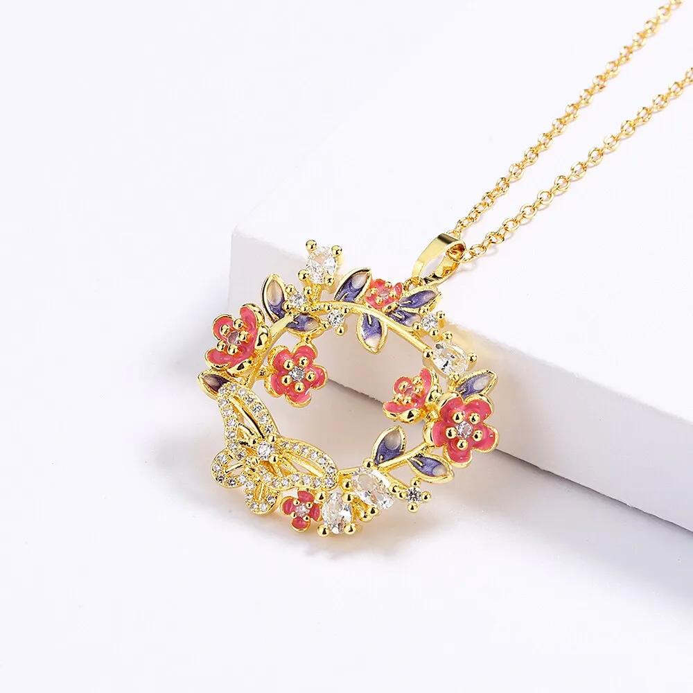 Fashion Jewelry Petite flowers Enamel Pendant Necklaces for Women with Zircon