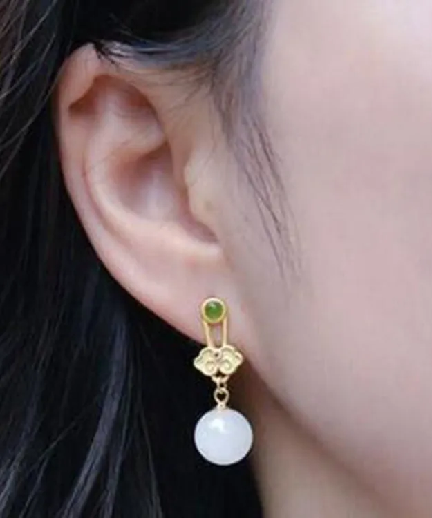 Fashion White Sterling Silver Jade Ruyi Drop Earrings