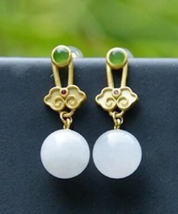 Fashion White Sterling Silver Jade Ruyi Drop Earrings