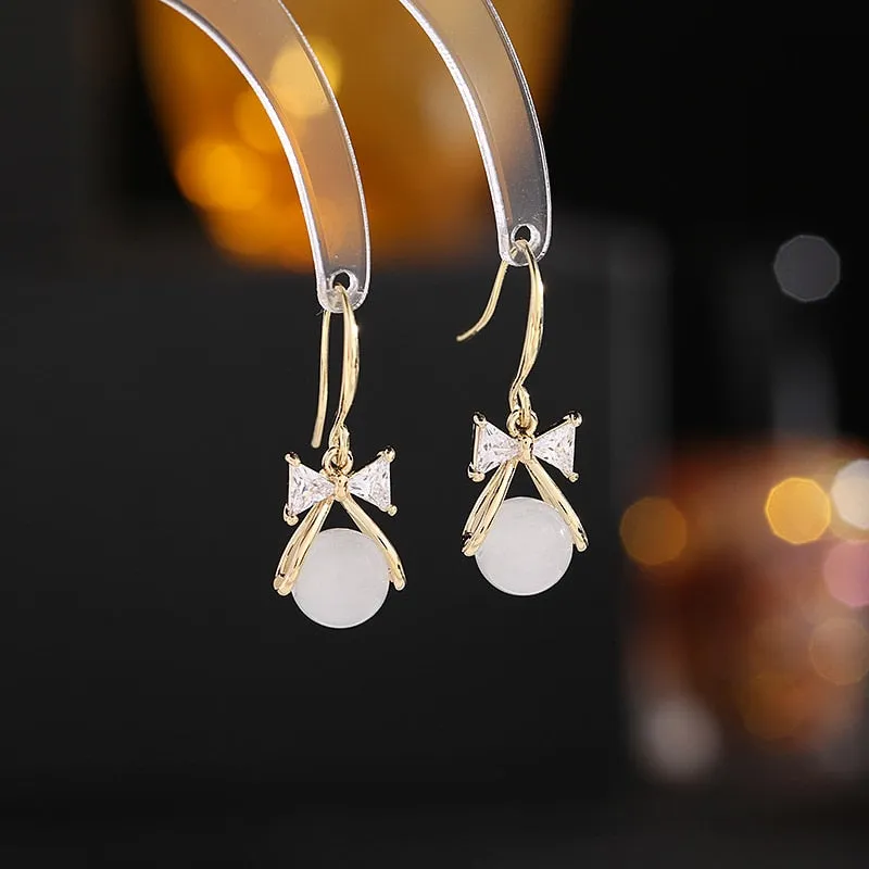 Fashion Zircon Opal Bow Earrings Ear Hook Wedding Dinner Dress Earrings Gift LYX049