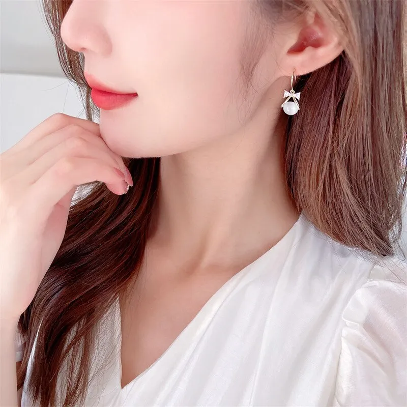 Fashion Zircon Opal Bow Earrings Ear Hook Wedding Dinner Dress Earrings Gift LYX049