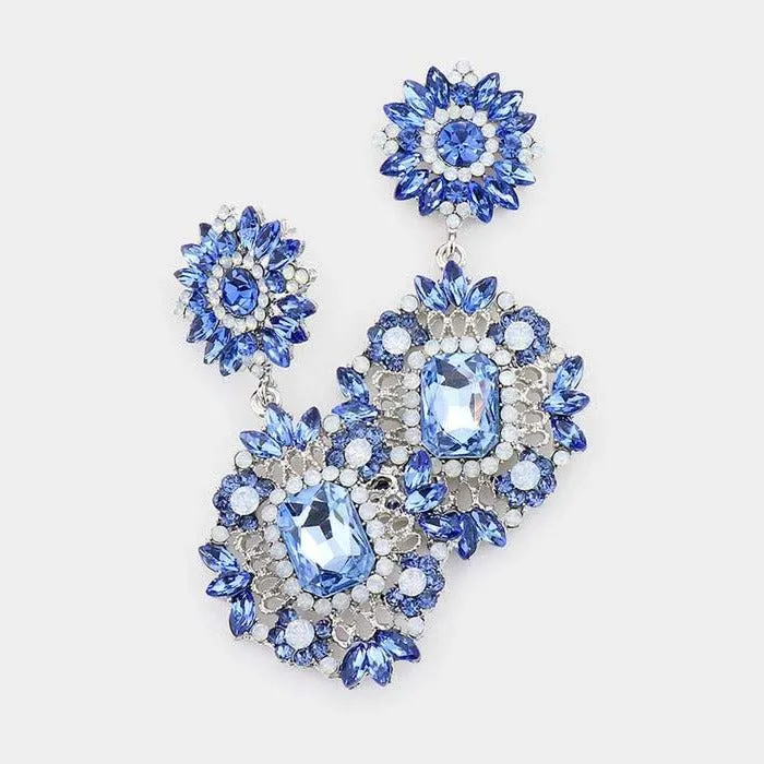 Floral Light Blue Crystal Rhinestone Evening Earrings