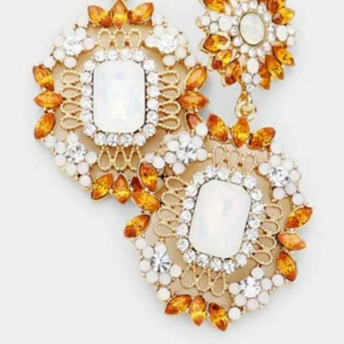 Floral Lt Topaz Crystal Rhinestone Evening Earrings