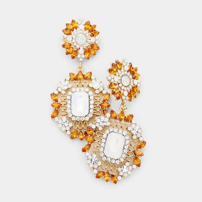 Floral Lt Topaz Crystal Rhinestone Evening Earrings