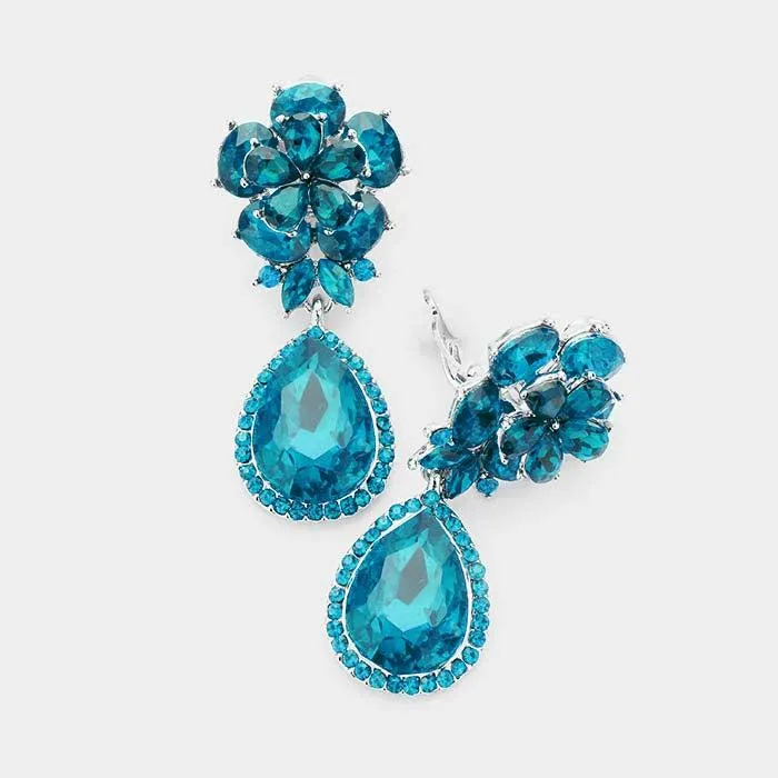 Flower Blue Zircon Crystal Teardrop Dangle Clip on Earrings