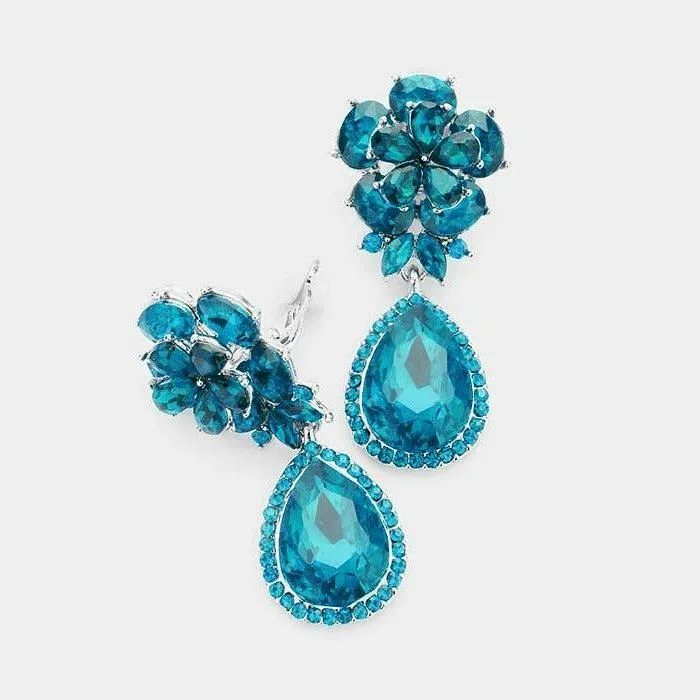 Flower Blue Zircon Crystal Teardrop Dangle Clip on Earrings