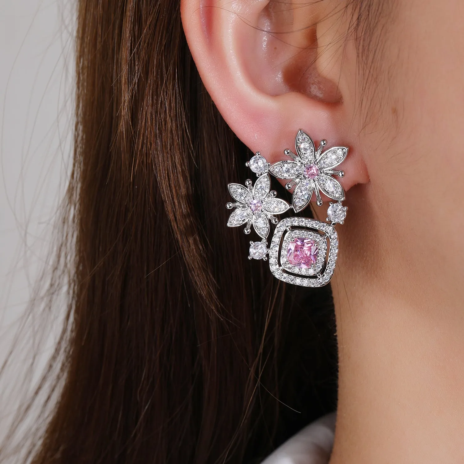 Flowers Cubic Zircon Earrings for Wedding, Stud Earring for Bride, Women Girl Birthday Party Jewelry CE11865