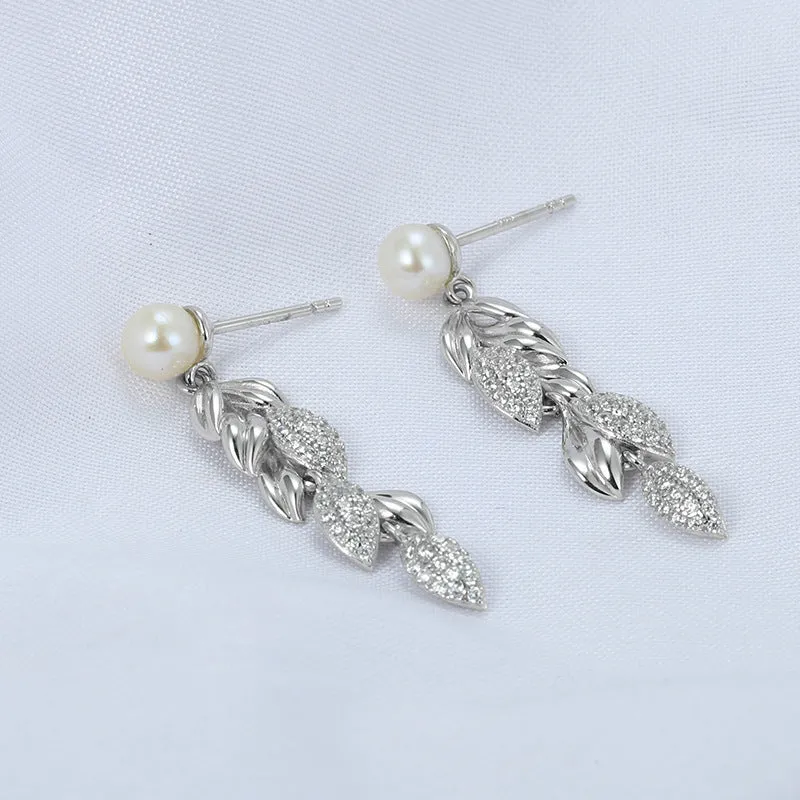 Freshwater Pearl Wheat Ear with Zircon Silver Drop Earrings for Women