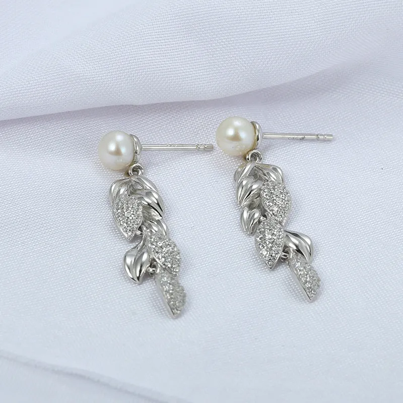 Freshwater Pearl Wheat Ear with Zircon Silver Drop Earrings for Women