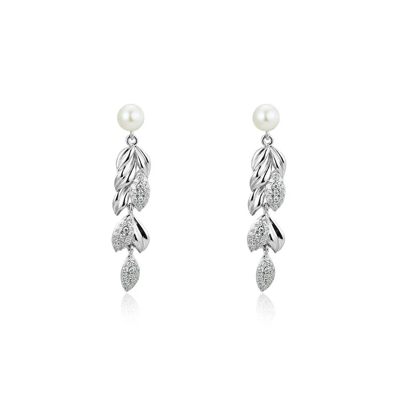 Freshwater Pearl Wheat Ear with Zircon Silver Drop Earrings for Women