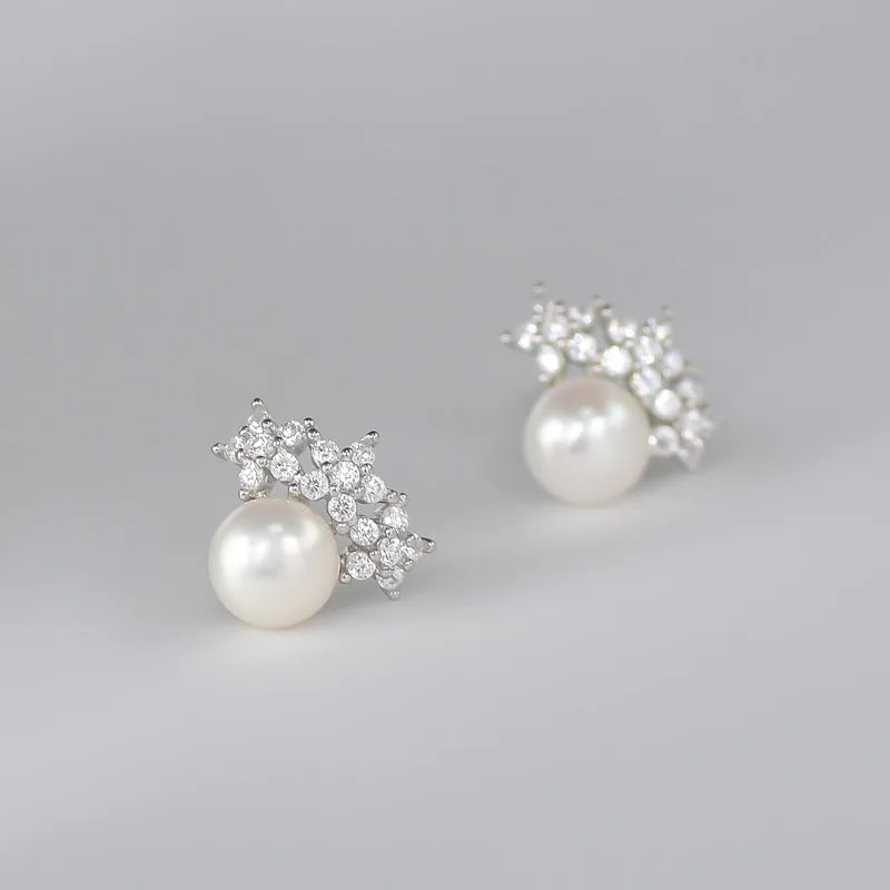 Freshwater Pearl with Zircon Flower Silver Stud Earrings for Women