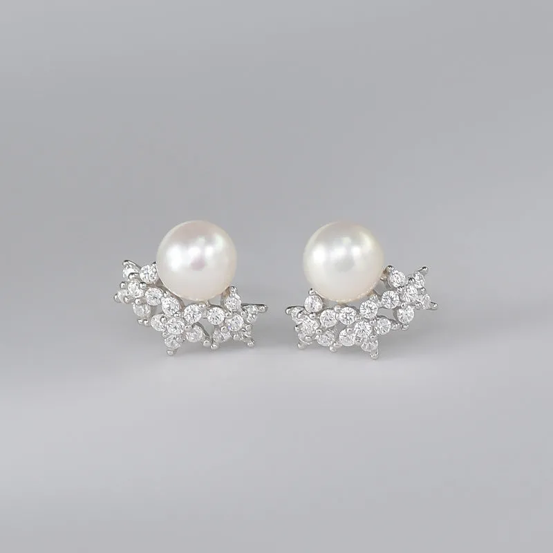 Freshwater Pearl with Zircon Flower Silver Stud Earrings for Women