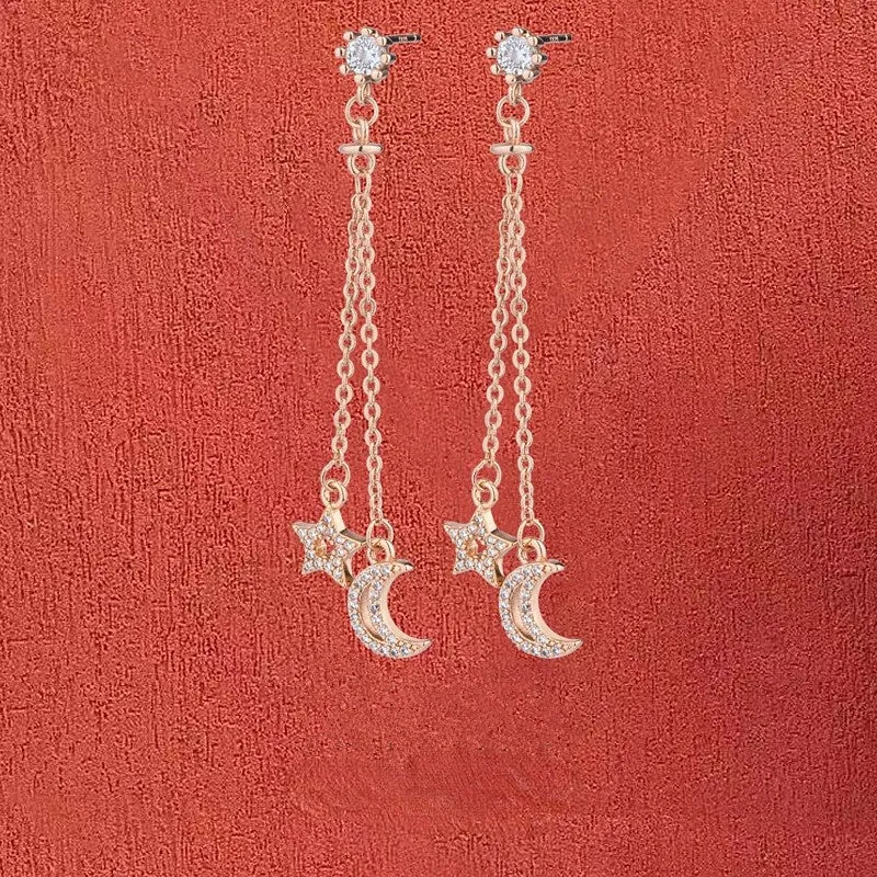 Fringed Zircon Star Moon Long Silver Drop Earrings for Women