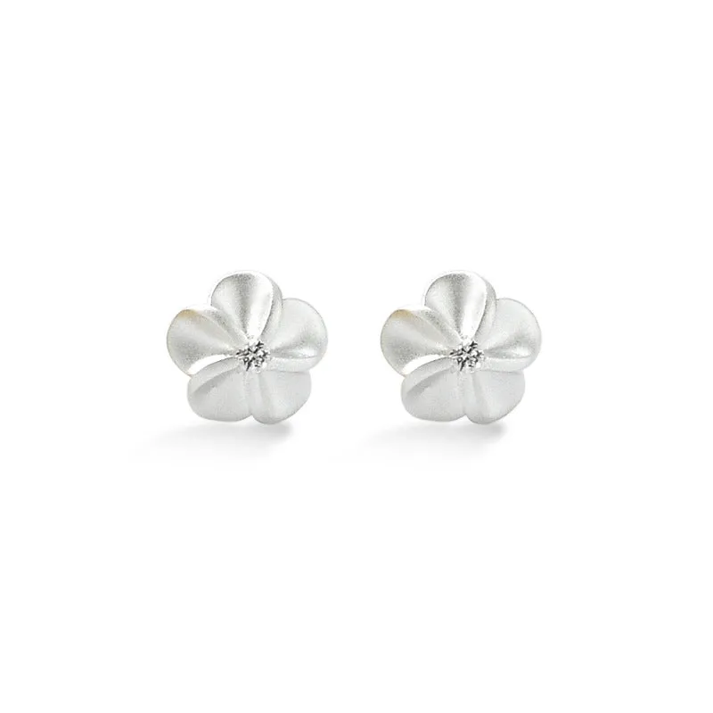 Frosted Plum Blossom with Zircon Silver Stud Earrings for Women