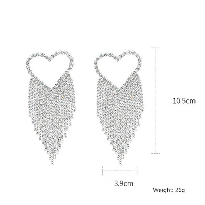 Full Rhinestone Drop Earrings Shiny Silver Heart Crystal Dangle Earrings