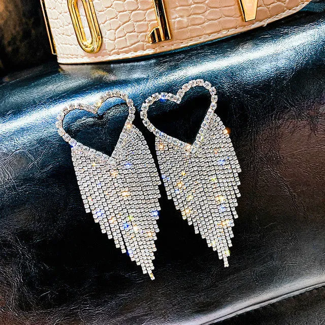 Full Rhinestone Drop Earrings Shiny Silver Heart Crystal Dangle Earrings